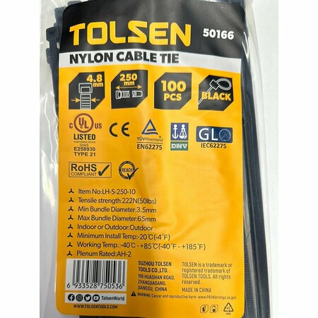 TOLSEN 10-in. /250mm x 4.8mm Black Cable Tie UV Rated Nylon, 100PK 50166